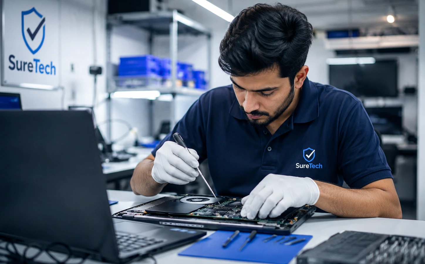 Technician inspecting a laptop